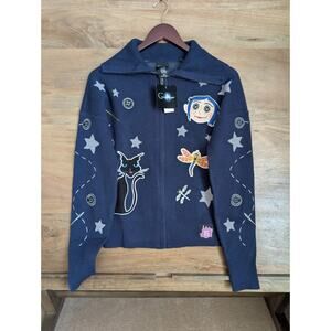 Coraline Sweater Womens Small Navy Knit Icons Cosplay Collar Zip Up 31995027 NWT
